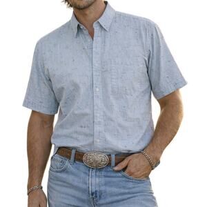 Vintage Men's Light Blue Short Sleeve Abstract Pattern Western Button Down Shirt
